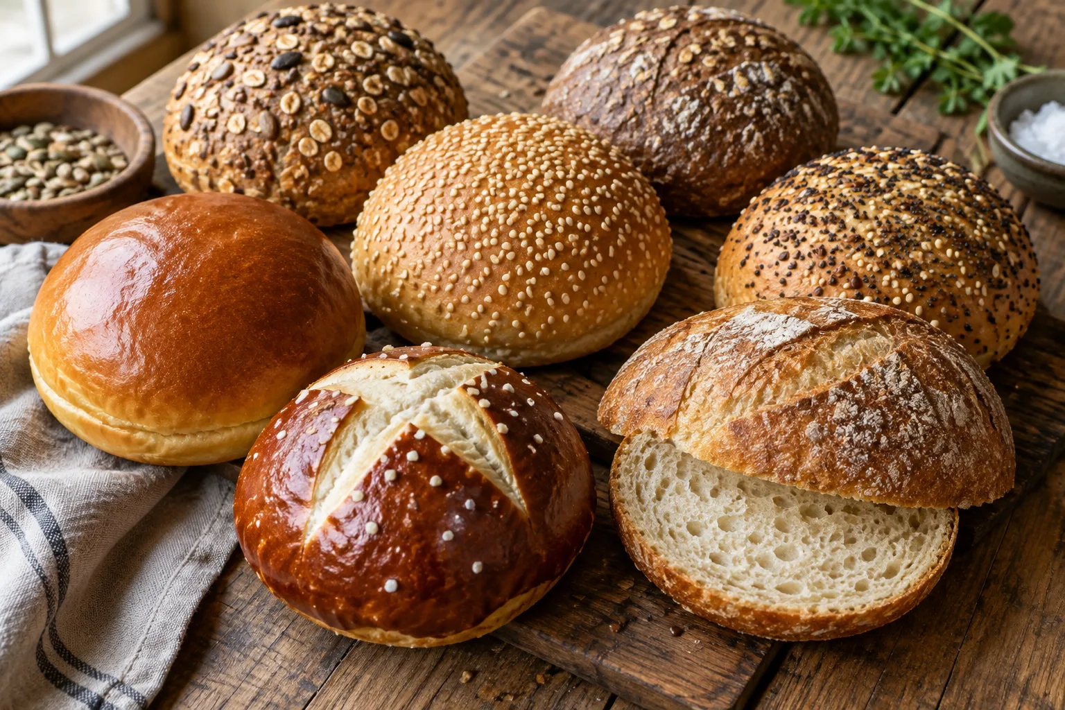 Différents pains à burger, dont un pain brioché, un pain au sésame et un pain bretzel, présentés sur une table.