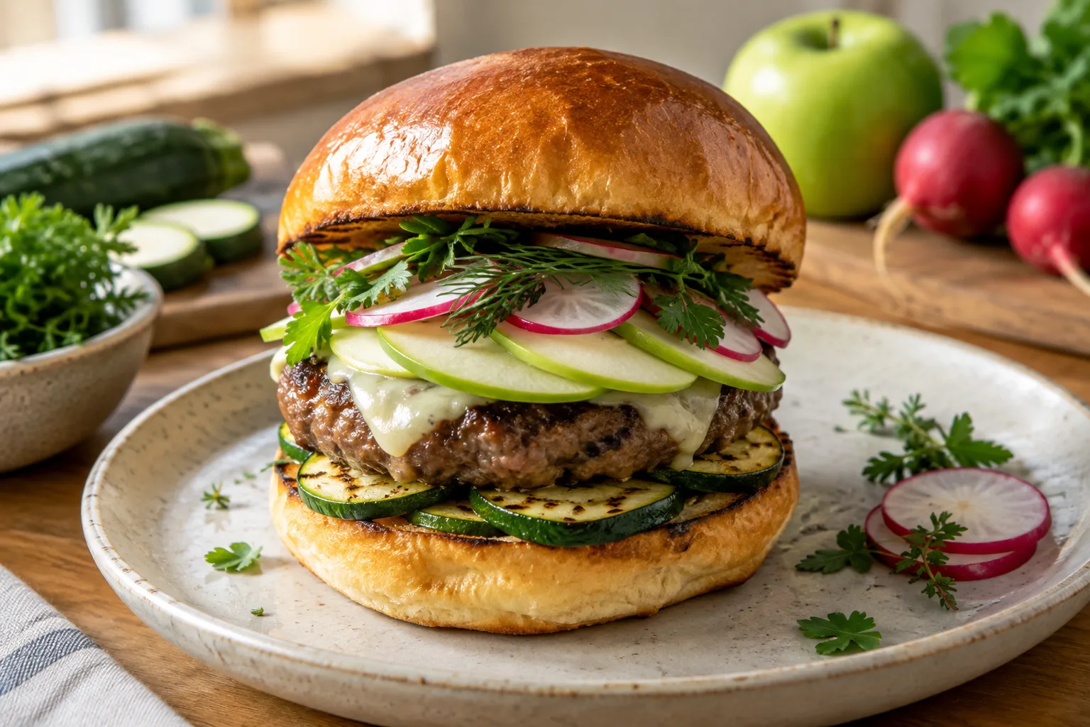 Burger maison au pain brioché garni de courgette grillée, pomme, radis et herbes fraîches.