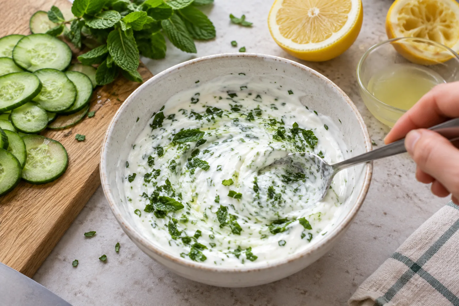 Sauce au yaourt grec mélangée à de la menthe fraîche, avec du concombre et du citron à côté.