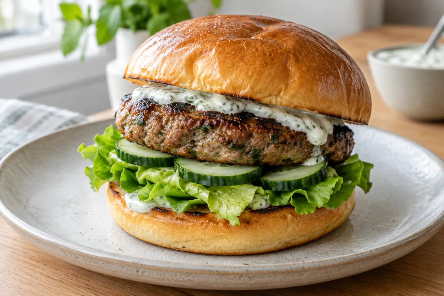 Burger d’agneau dans un pain toasté, garni de concombre, de salade et de sauce au yaourt et à la menthe.