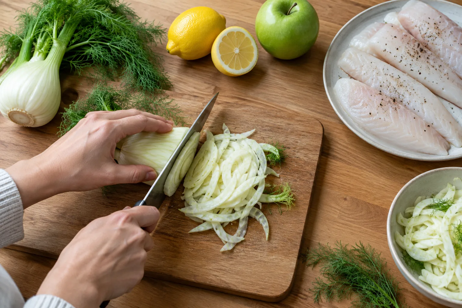 Fenouil émincé et citron près de filets de poisson blanc prêts à être préparés.