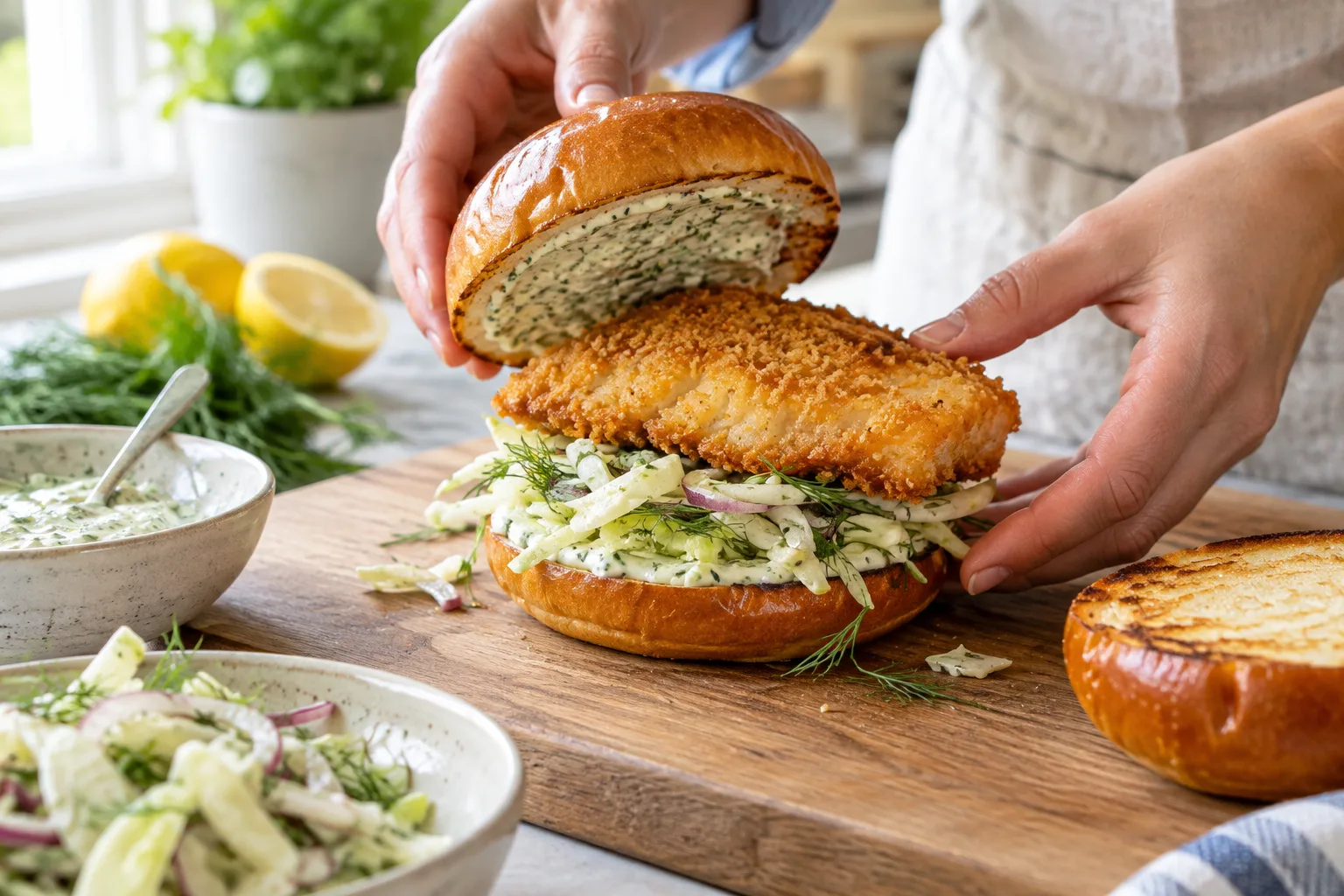Montage d’un burger avec pain brioché toasté, sauce citronnée, fenouil et filet de poisson pané.