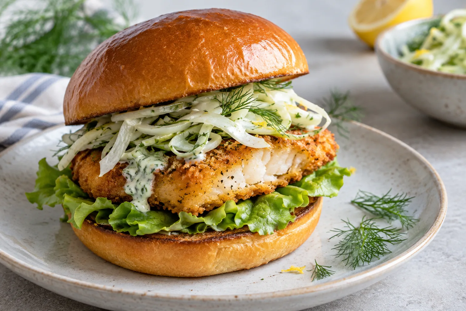 Burger maison au poisson pané avec fenouil finement émincé, salade et sauce citronnée dans un pain toasté.