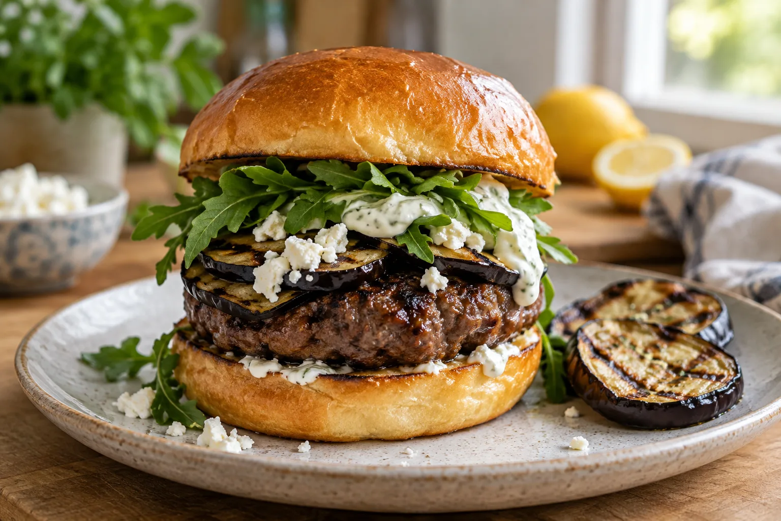 Burger maison au steak haché garni d’aubergine grillée, de feta, de jeunes pousses et de sauce au yaourt.