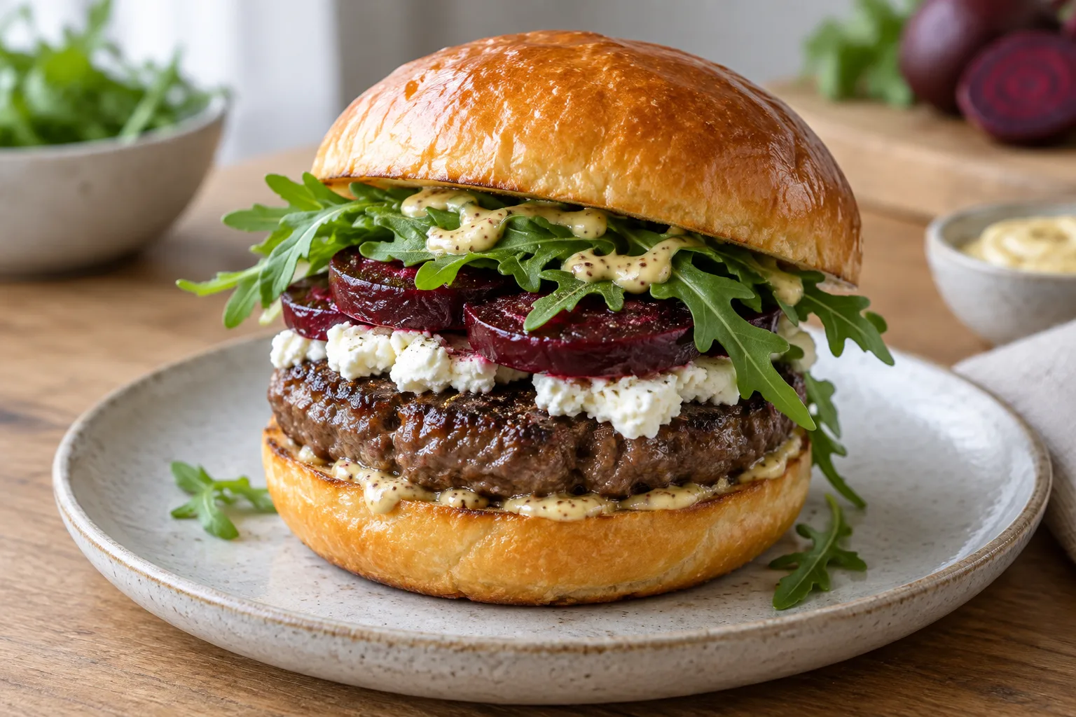 Burger au pain brioché garni de steak haché, betterave dorée, chèvre frais et roquette.