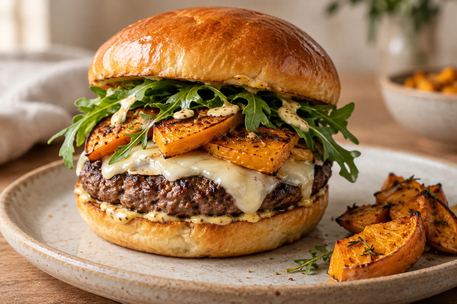 Burger au pain brioché garni de bœuf, de courge rôtie, de tomme fondue et de roquette.