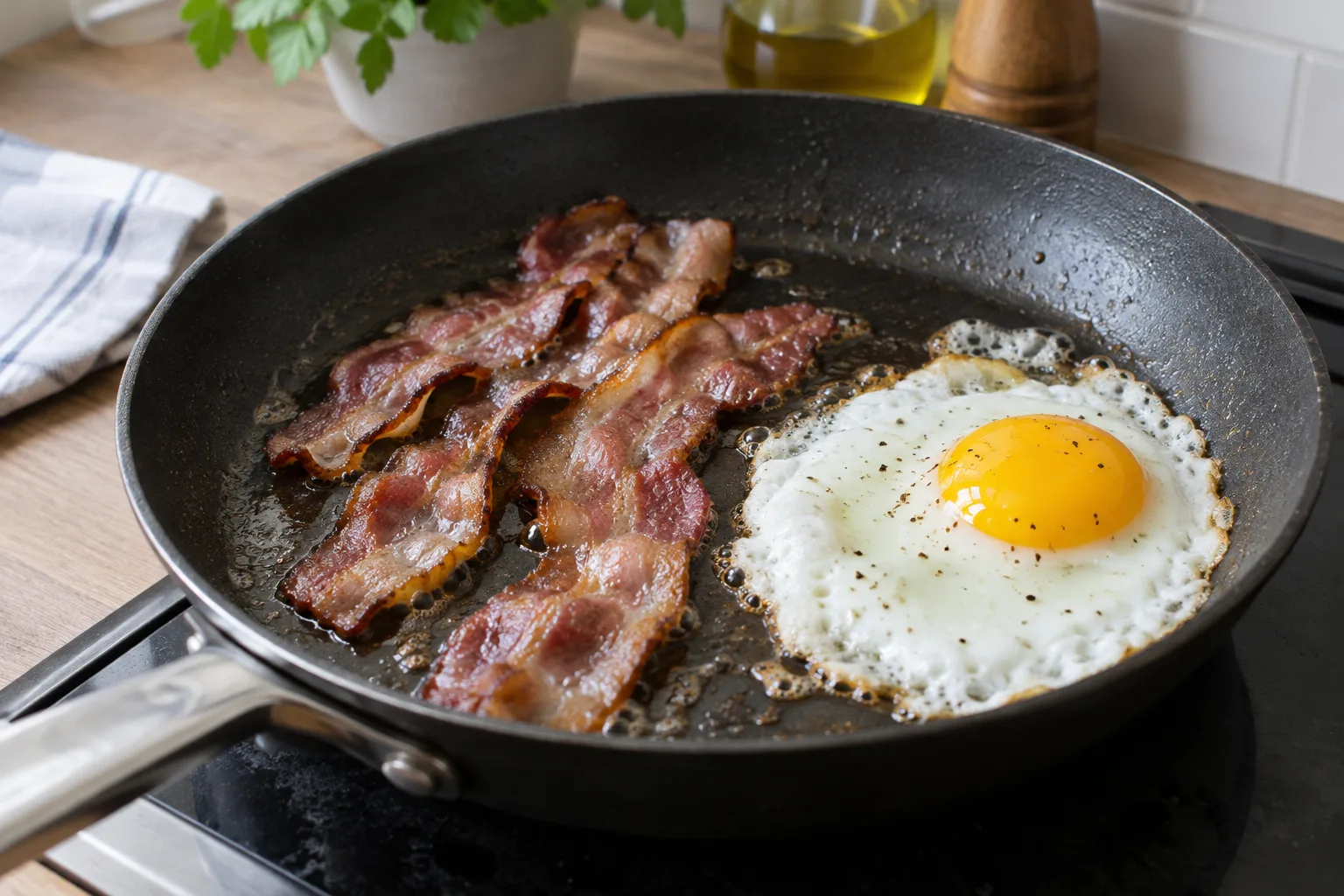 Tranches de bacon qui dorent à côté d’un œuf au plat dans une poêle.