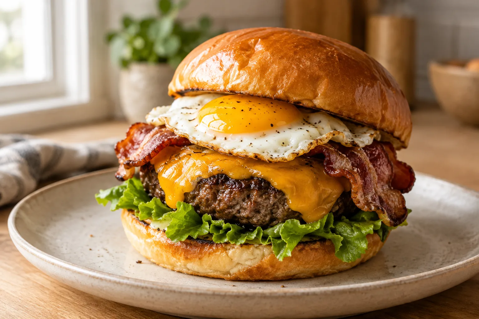 Burger maison au bœuf garni de bacon croustillant, d’un œuf au plat et de cheddar fondant.