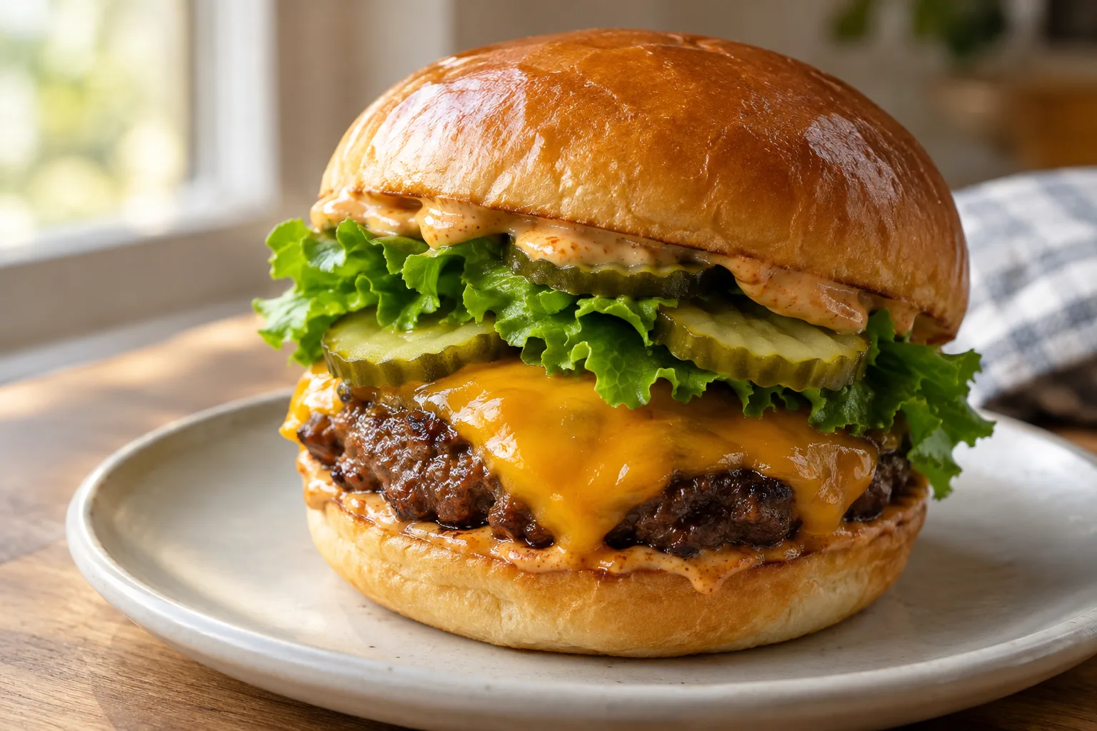 Burger maison au steak haché, cheddar fondant, laitue, pickles et sauce au paprika.