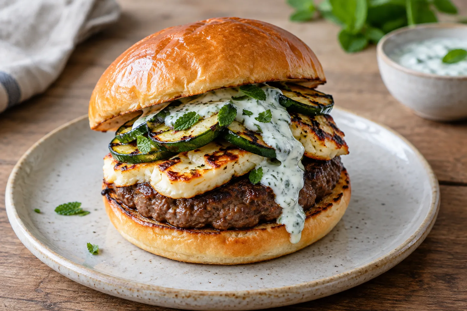 Burger au bœuf garni de halloumi doré, de courgette grillée et de sauce au yaourt.