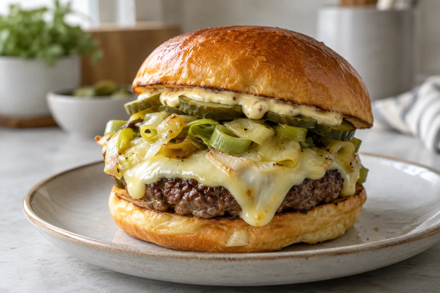 Burger maison au bœuf avec raclette fondue, poireaux fondants et rondelles de pickles dans un pain toasté.