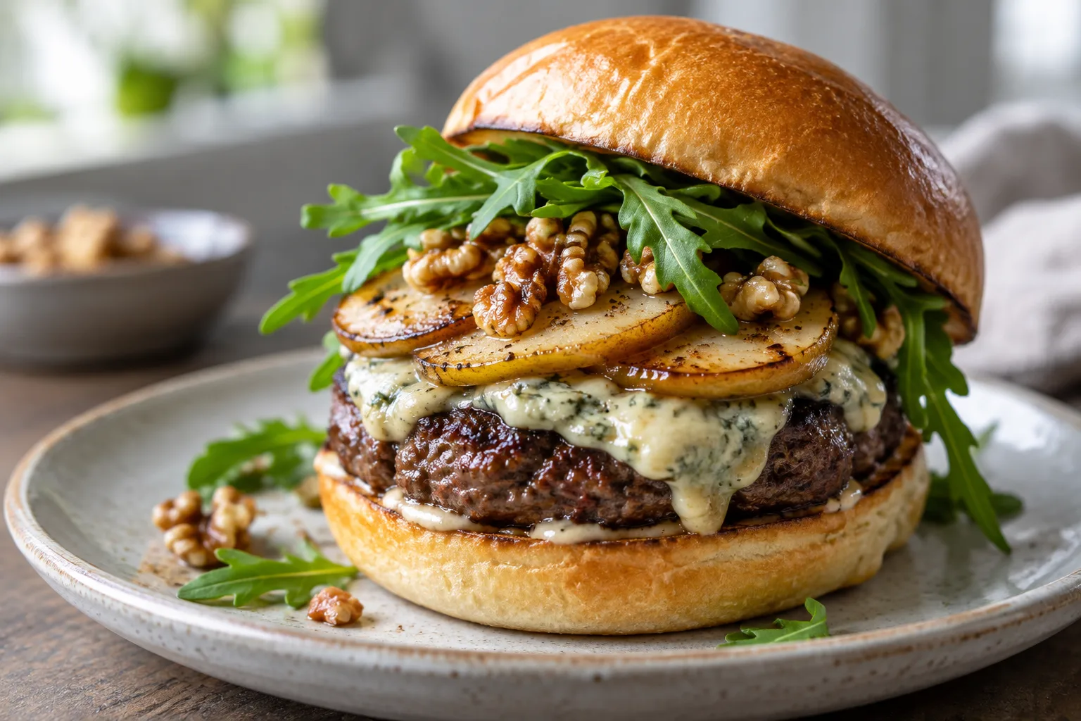 Burger au bleu fondant garni de poire poêlée, de noix concassées et de roquette.