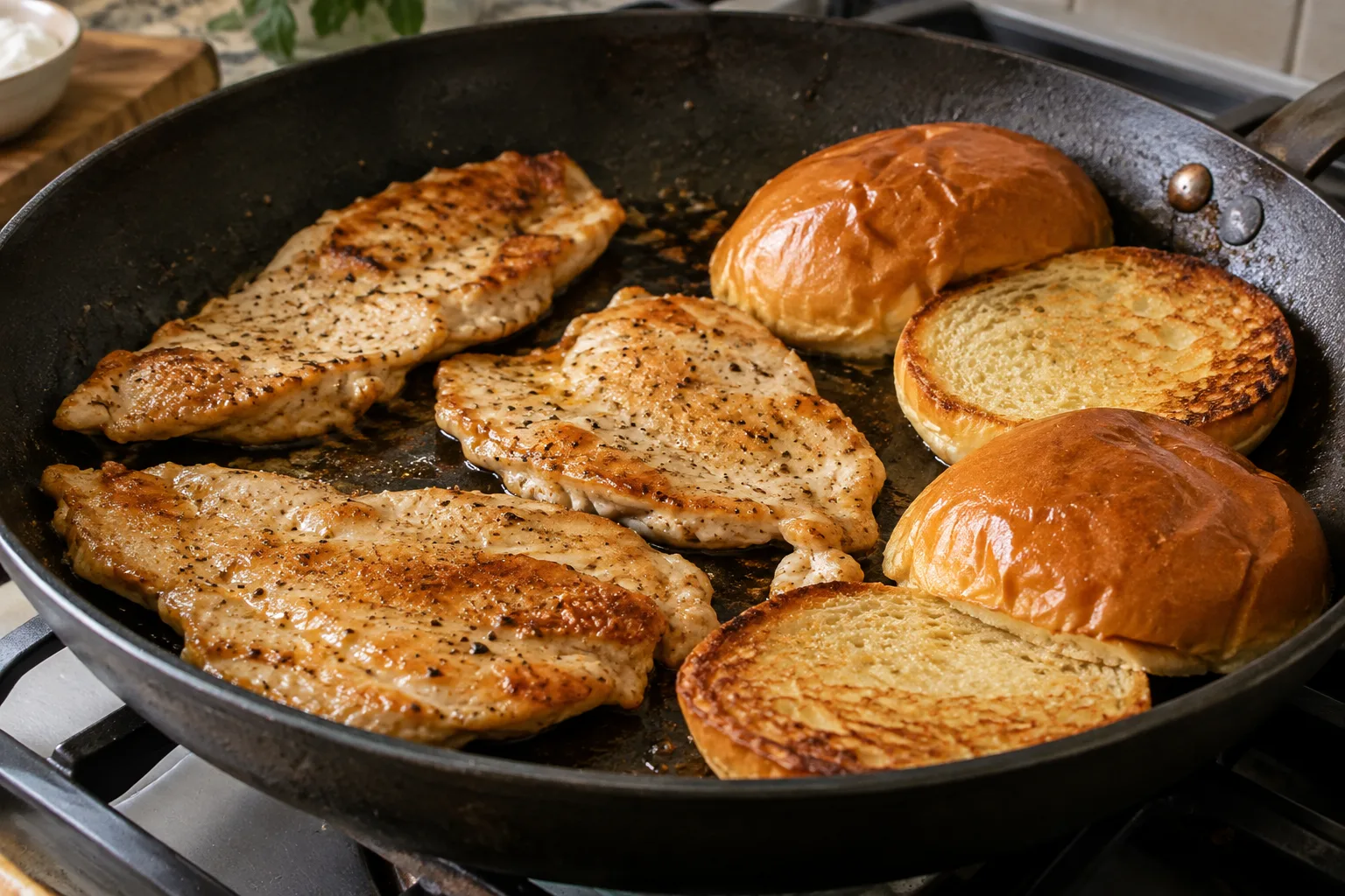 Filets de poulet en train de dorer dans une poêle, près de pains briochés ouverts.