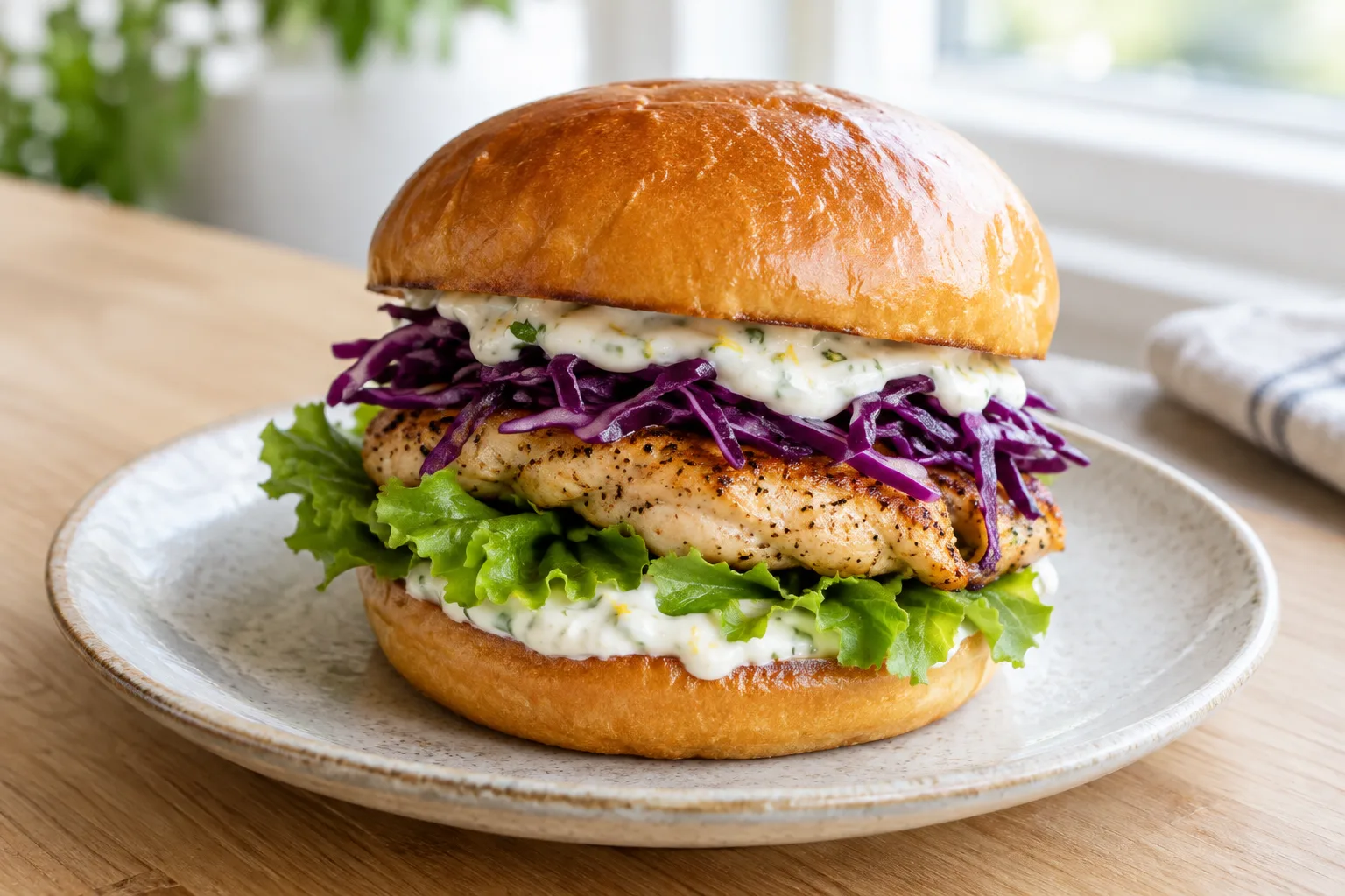 Burger au poulet doré garni de chou rouge, de salade et de sauce au yaourt dans un pain brioché.