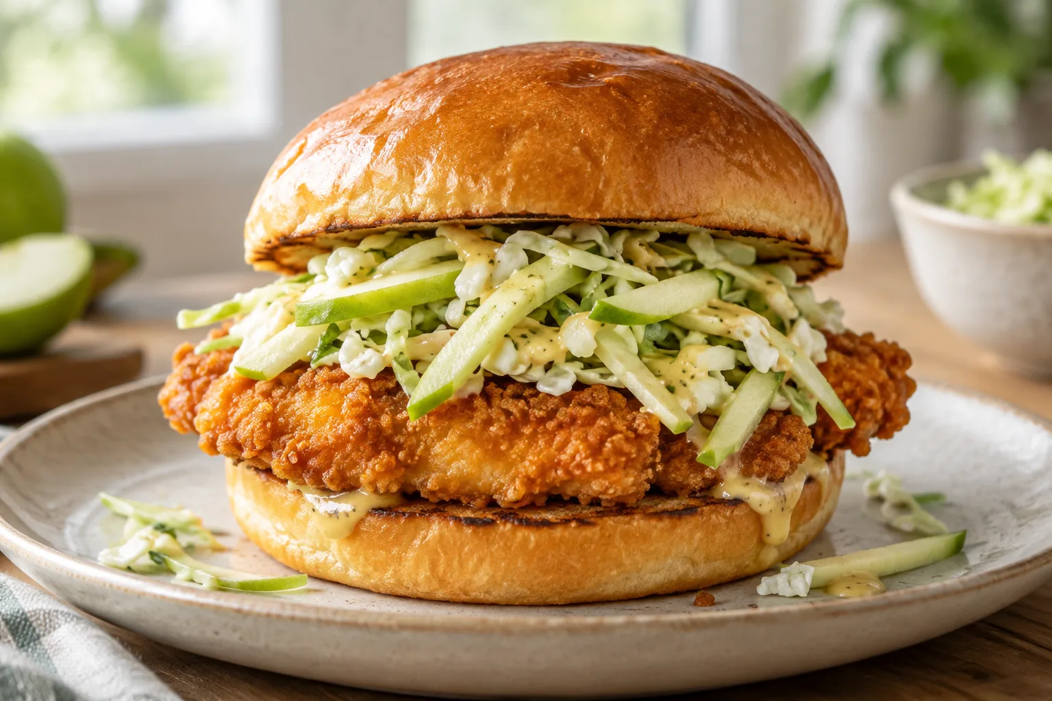 Burger au poulet pané doré garni de coleslaw à la pomme verte et d’une sauce claire, dans un pain brioché.