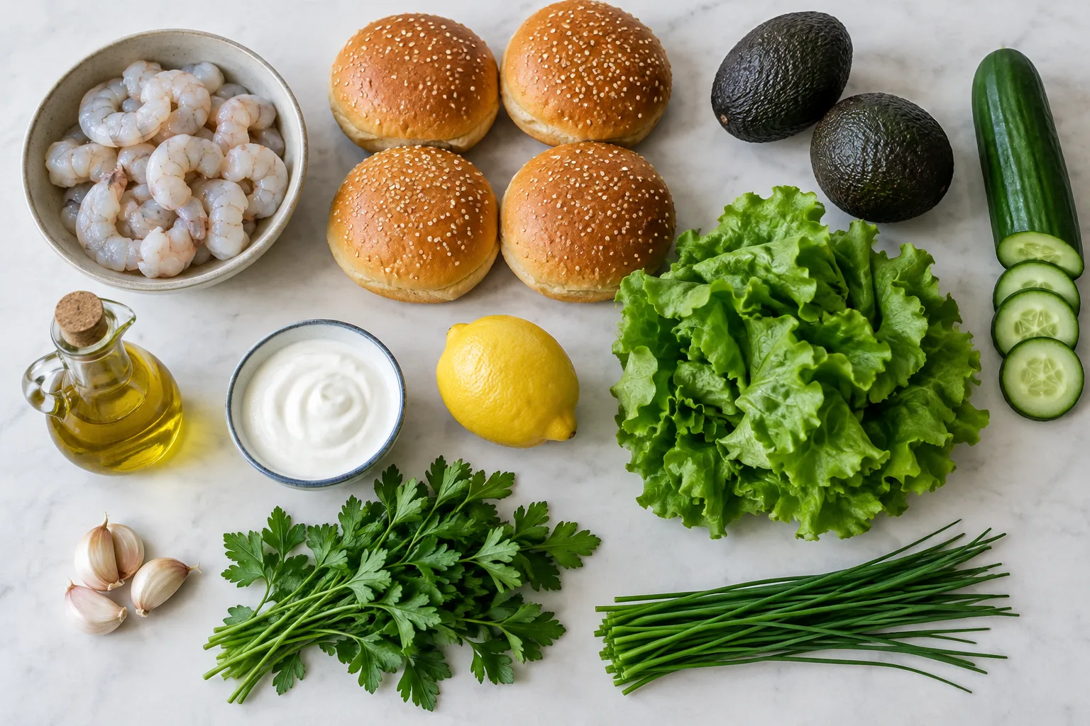 Ingrédients disposés sur un plan de travail pour préparer des burgers aux crevettes et à l’avocat.