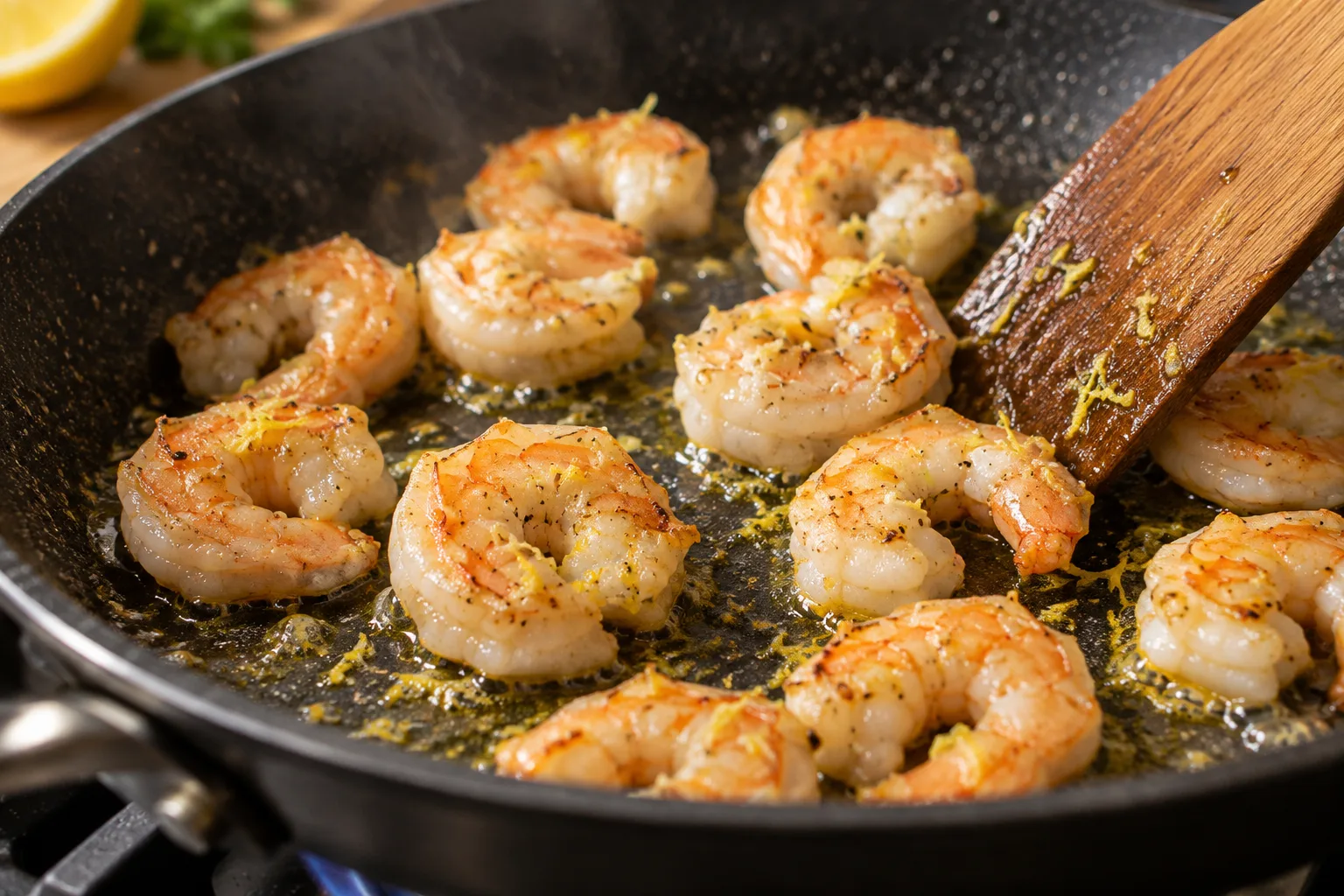 Crevettes en train de cuire dans une poêle avec un peu d’huile et de zeste de citron.