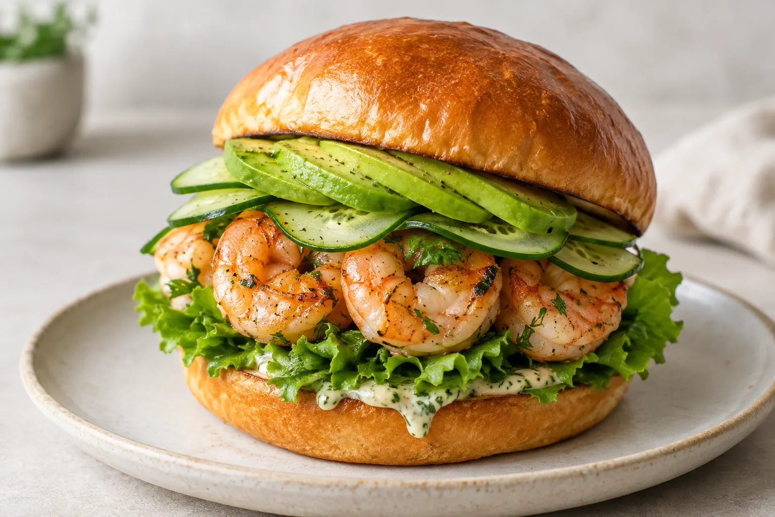 Burger au pain brioché garni de crevettes poêlées, d’avocat, de concombre et de sauce citronnée.