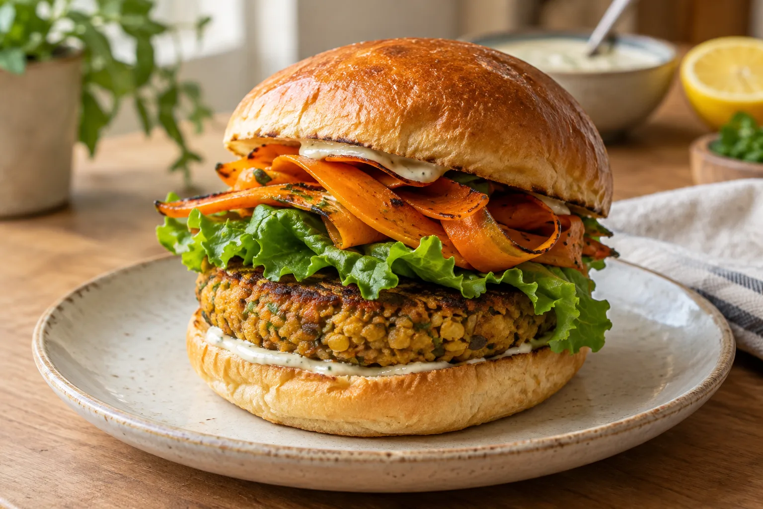 Burger végétarien aux lentilles avec carotte rôtie, salade et sauce tahini dans un pain doré.