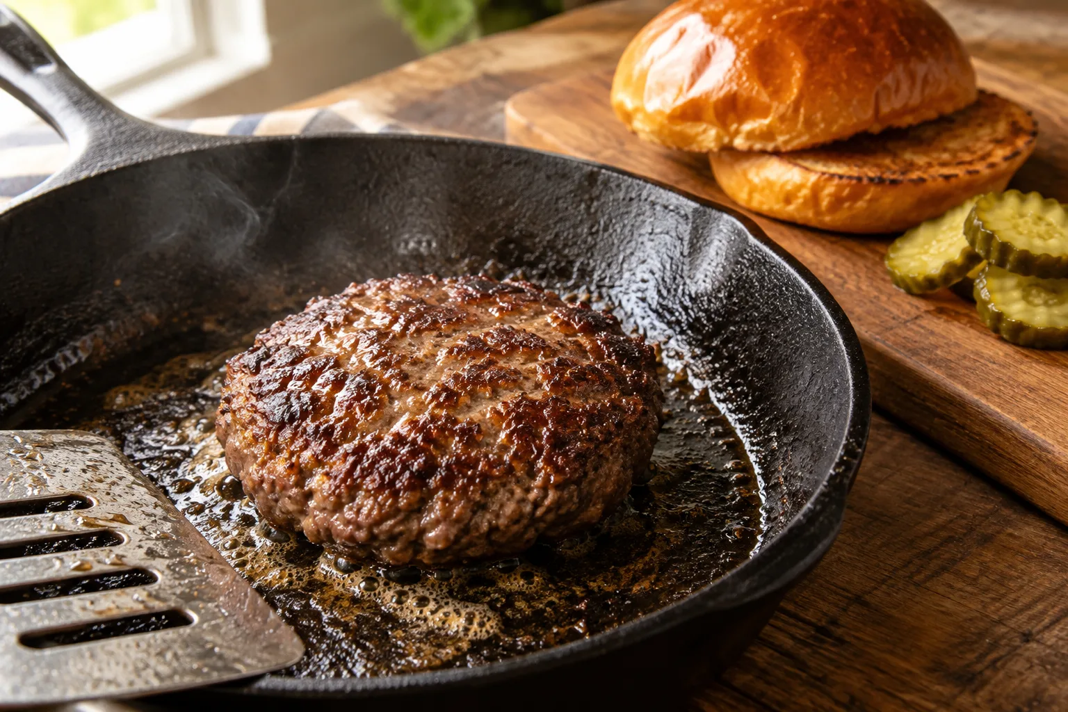 Steak haché doré dans une poêle en fonte, près d’un pain brioché toasté et de quelques pickles.