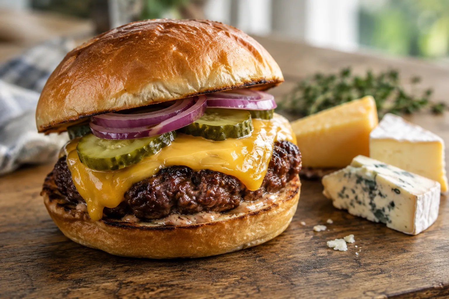 Burger maison au fromage fondant, accompagné de pickles et de quartiers de fromage.