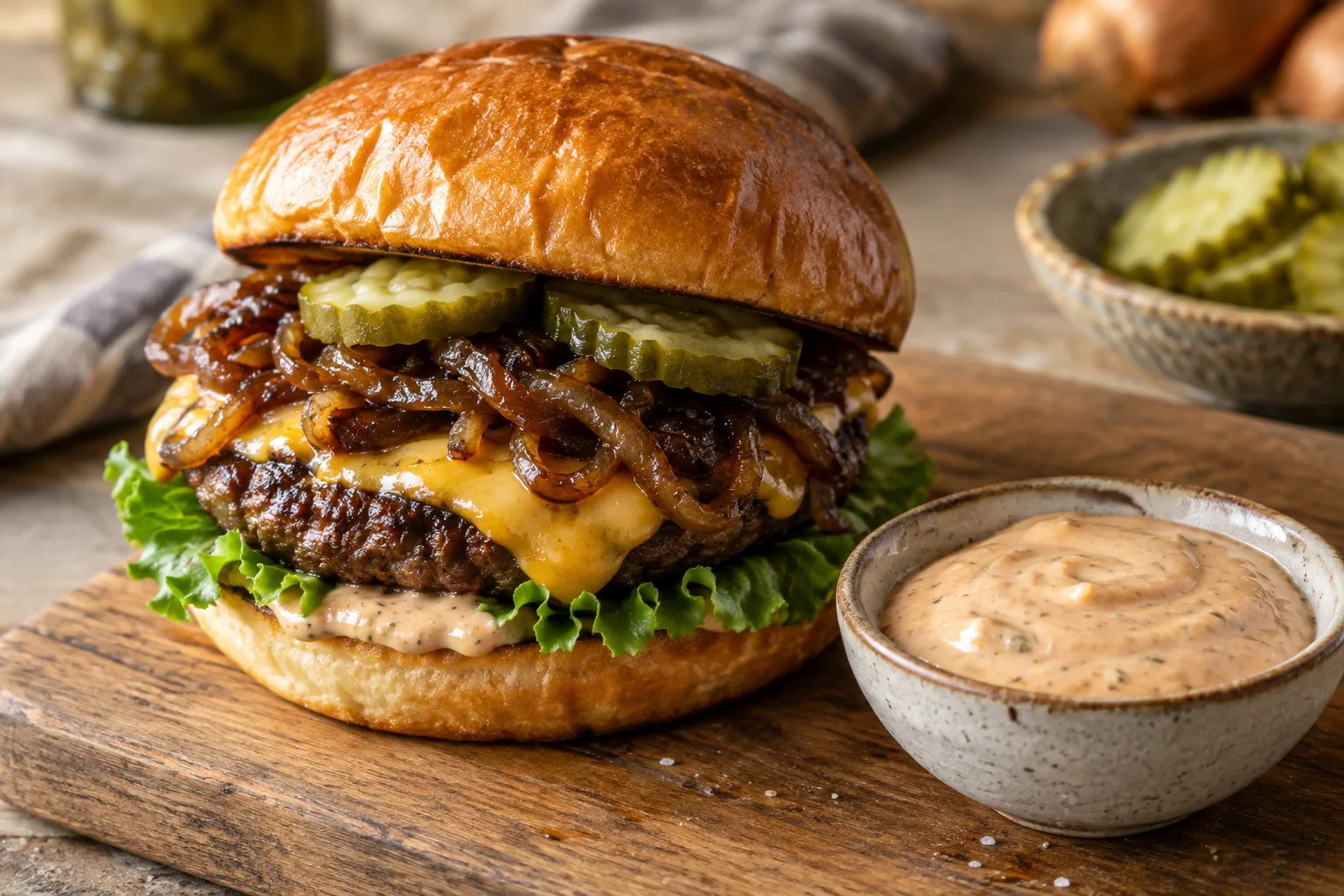 Burger garni de pickles et d’oignons caramélisés, accompagné d’un petit bol de sauce maison.